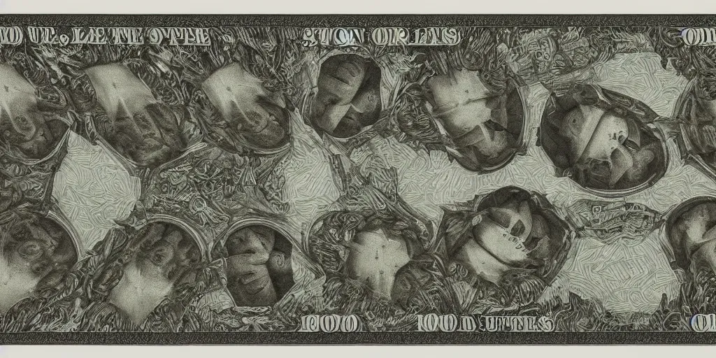 Image similar to 100 US Dollar bill, engraving by M.C. Escher, 1961