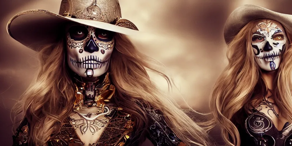 Image similar to Panorama screenshot of a beautiful female cyborg with sugar skull makeup, glowing long flowing silver hair, electric gold glowing eyes, wearing a cowboy hat, photographic highly detailed desert, hybrid from The Elden Ring and art direction by Darius Zawadzki ;by artgerm; wayne reynolds art station; cinematic quality character render; low angle; ultra high quality model; production quality cinema model
