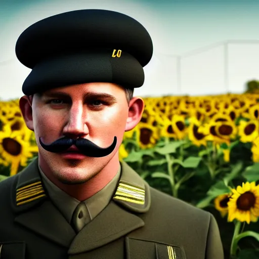 Prompt: fullbody photo of channing tatum with handlebar moustache, wearing ww 1 clothes in black beanie on head, sunflower field at background, style ivan talavera and artgerm, radiant lighting, hyper realistic, photorealistic, octane render, trending on artstation, cgsociety, cinematic light, global illumination