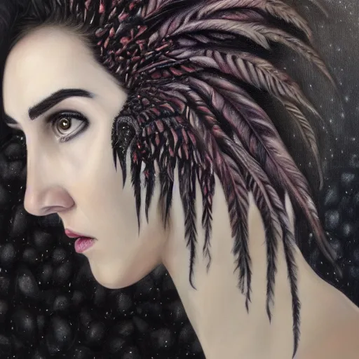 Image similar to detailed realistic oil painting youthful young alien jennifer connelly with black feathers instead of hair, dark fae, black eyes, black lips, uncanny valley, gray mottled skin, feathers growing out of skin, feathers growing from arms, black hands with long black claws, pale and sickly, profile view, full body, gothic, giger - - ar 9 : 1 6