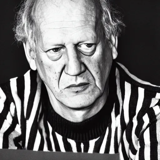 Image similar to werner herzog wearing a where's wally red and white striped turtleneck top. realistic photo.