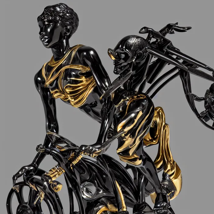 Image similar to fine art statue of black egyptian man on a surrealist motorbike, ebony art deco, carved black marble, inlaid with ebony and gold accents, ebony rococo, wings black lace wear, spider zero, zaha hadid, beautifully lit, hyper detailed, intricate, elite, ornate, photorealistic, micro details, 3 d sculpture, ray trace