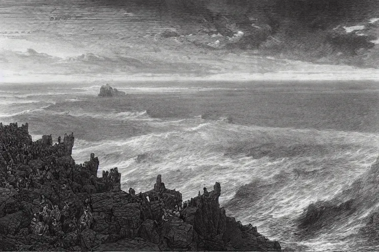 Prompt: aerial view, the crossing of the red sea, Gustave Dore lithography