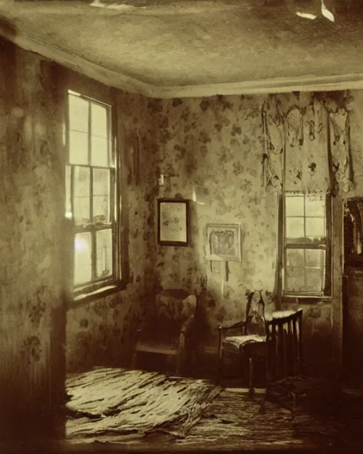 Prompt: the interior of an old cottage in cumberland that is probably haunted, delicate embellishments, painterly, offset printing technique, photographed on film by brom, robert henri, walter popp