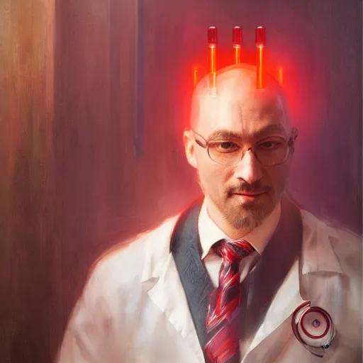 Prompt: fox foxman wearing a doctor outfit holding glowing test tubes by ruan jia, portrait