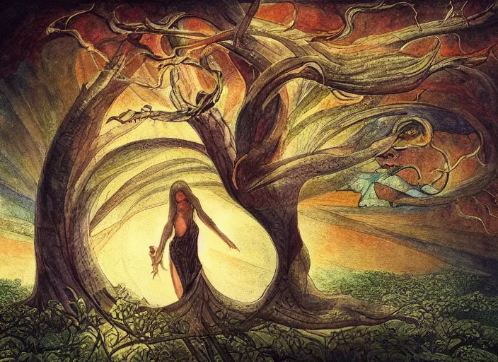 Image similar to most beautiful tree lance seeker of wisdom gentile in the style of william blake, terese nielsen, detailed, intricate, steve argyle, most beatiful faces, cinematic, dramatic lighting, 8 k resolution, pastoral fantastic reality