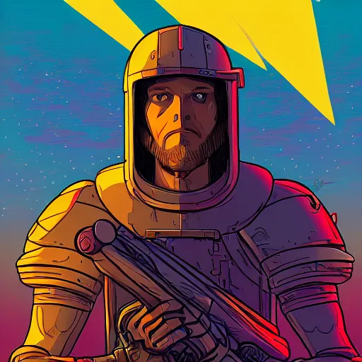 Image similar to portrait of a human paladin, standing, futurism, da vinci, Dan Mumford, Josan Gonzalez