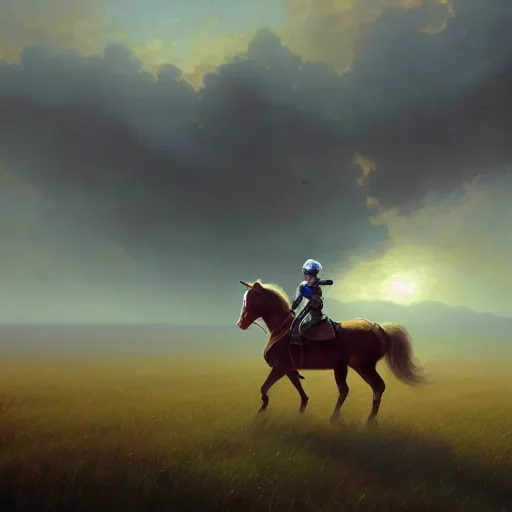 Image similar to cinematic shot epic portrait of megaman riding a mechanical horse in middle of wheat fields, sunny, cloudy, broad light, ambient occlusion, volumetric light effect, made by ivan aivazovsky, peter mohrbacher, greg rutkowski, matte painting, trending on artstation, 4 k, perfectly defined features, digital painting, cinematic, epic, highly detailed