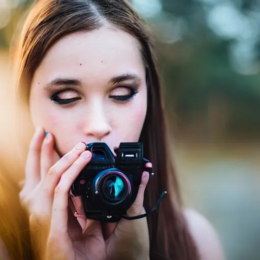 Prompt: , a girl poses for a photographer who is a robot, 5 0 mm lens, f 1. 4, sharp focus, ethereal, emotionally evoking, head in focus, volumetric lighting, blur dreamy outdoor,