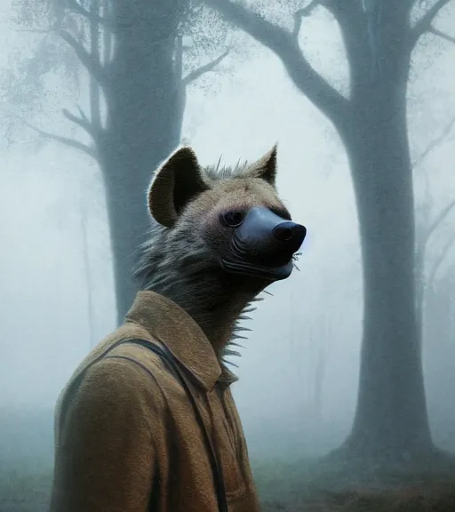 Image similar to foggy dirt road portrait of furry anthro anthropomorphic spotted hyena head animal person fursona wearing clothes horror gloomy digital art bokeh depth of field photo by Greg Rutkowski, Simon Stalenhag, christopher nolan trending on Artstation, CGSociety