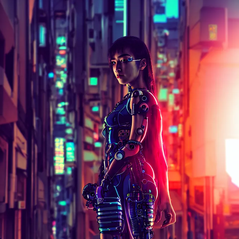 Image similar to a photo close up cyberpunk cyborg girl stands in a cyberpunk hiroshima, prefecture streets, sunset, photorealistic, cinematic lighting, very detailed, style by tomino - sama