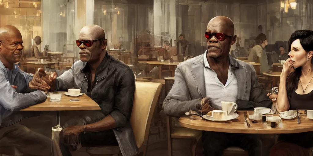 Image similar to painting highly detailed full - body samuel l jackson and john travolta posing in cafe, perfect symmetrical eyes, by eddie mendoza and tyler edlin, 8 k resolution, digital art, hyper realistic