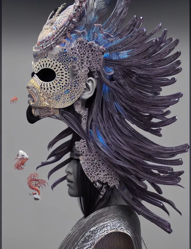 Image similar to 3 d goddess in robe close - up profile portrait with ram skull. beautiful intricately detailed japanese crow kitsune mask and clasical japanese kimono. betta fish, jellyfish phoenix, bio luminescent, plasma, ice, water, wind, creature, artwork by tooth wu and wlop and beeple and greg rutkowski