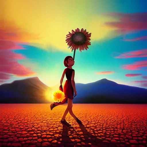 Image similar to giant daisy flower head, girl walking on salt flats mountains, surreal photography, sunrise, dramatic light, impressionist painting, colorful clouds, digital painting, artstation, simon stalenhag