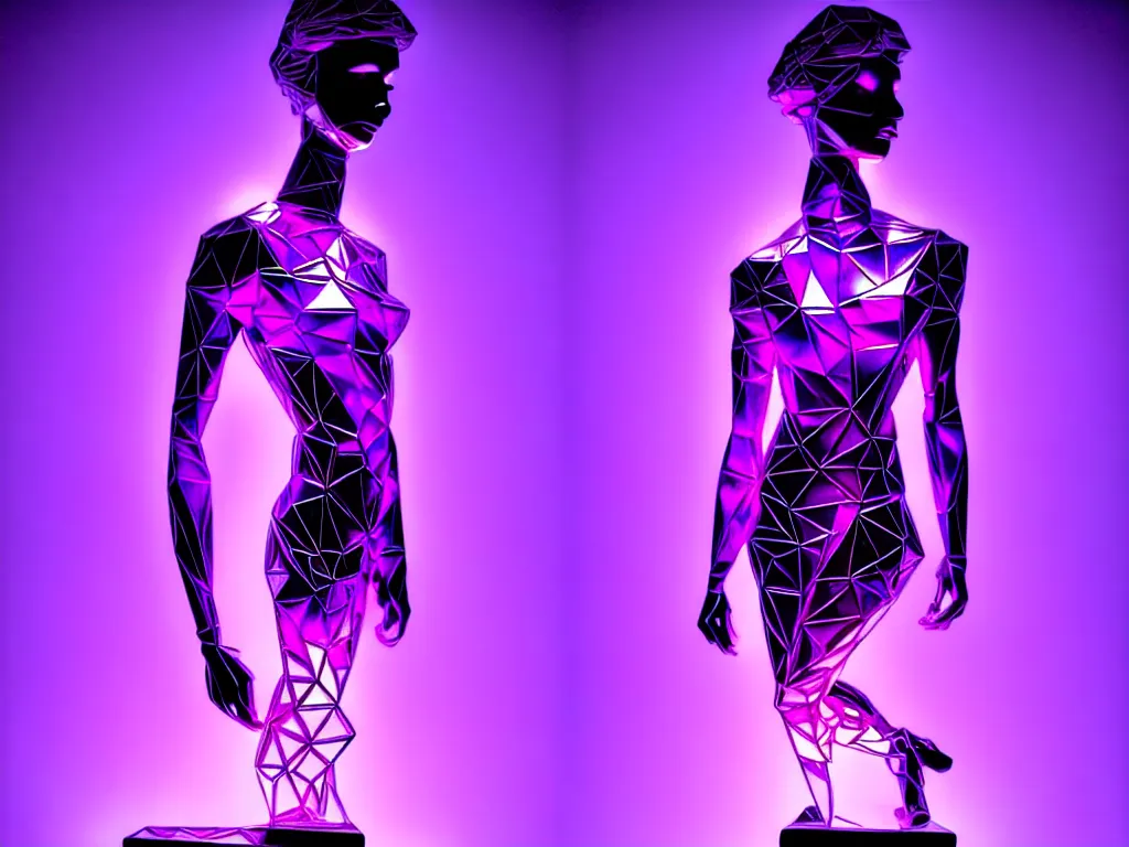 Image similar to beautiful mannequin sculpted out of amethyst by billelis + lit with purple 3 d geometric neon + chrome geometric cubed bonsai plants!!!!, doorway opening with neon pink geometric light, clean linework, dramatic, finely detailed, rule of thirds, moody, confident, award winning, 4 k, trending on artstation, photorealistic, volumetric lighting, octane render