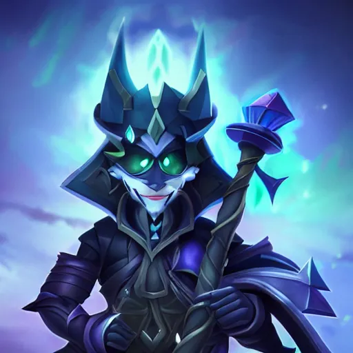 Image similar to Veigar from League of Legends holding his magical staff in a night city