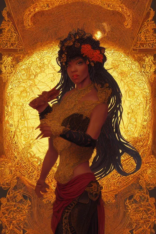 Image similar to tarot card artstation, portrait of a black love dancer, sunrise, baroque ornamnet and rococo ornament, ancient chinese ornate, hyperdetailed, beautiful lighting, craig mullins, mucha, klimt, yoshitaka amano, red and gold and orange color palatte