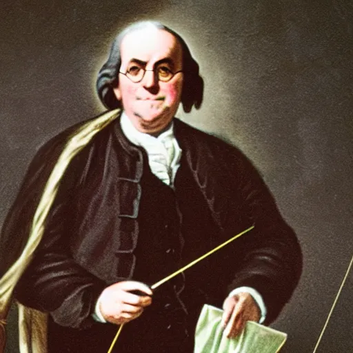 Image similar to color photograph of benjamin franklin riding on a kite