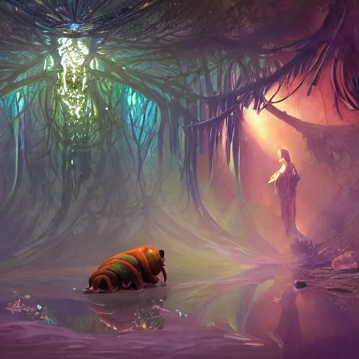 Image similar to ultra realistic illustration of magical tardigrade, forest, fantasy, colorful lights, intricate, elegant, highly detailed, digital painting, artstation, concept art, smooth, sharp focus, illustration, art by artgerm and greg rutkowski and alphonse mucha