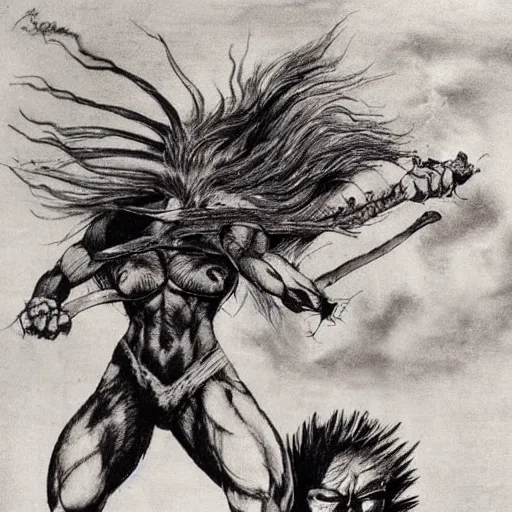 Prompt: Muscular savage woman, wild spiky black Saiyan hair, electrified hair, animal skin pelt, pelt, human-skin pelt, ragged torn caveman pelt, cavewoman, prehistoric fantasy, primeval fantasy, electricity aura, battle scars across body, red sky, battle-scarred, bloody, drawn by Frank Frazetta, pulp art, hyper-detailed