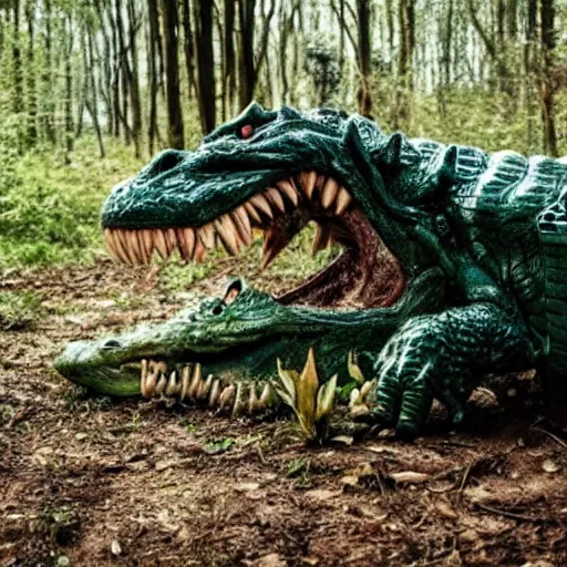 Image similar to werecreature consisting of a human and crocodile, photograph captured in a forest