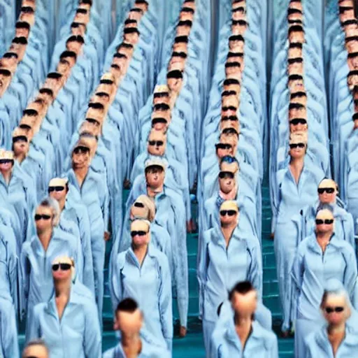 Image similar to army of identical athletic female clones in formation, white hair, tight light blue neopren suits, in rows, futuristic chemistry lab, sci - fi, highly detailed, cinematic