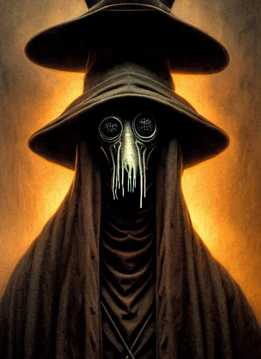 Image similar to stunning portrait of grotesque and horrifying plague doctor, victorian era, lovecraftian horror, cosmic horror!! cinematic lighting, horror fiction, digital art, winning award masterpiece, fantastically beautiful, aesthetically inspired by wayne barlowe and gerald brom, trending on artstation, art by greg rutkowski and h r giger, octane render, 8 k