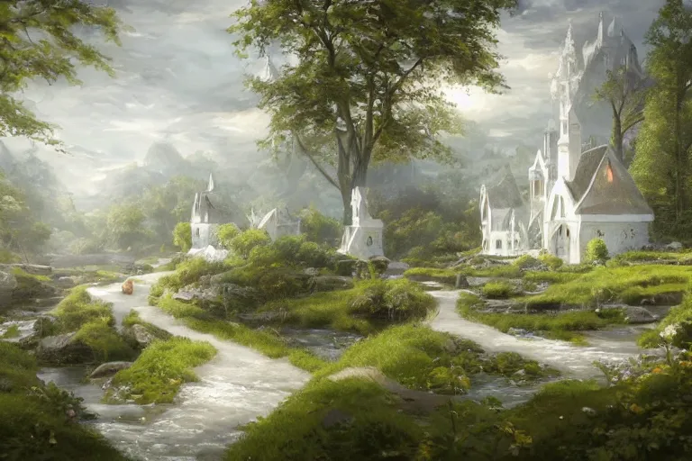 Prompt: A small elven village with elegant white architecture in an open field, a winding white pathwalk and a small brook running through, clear blue skies in the background, sunsetting color, octane rendering, oil painting, mind-blowing detail, photoreaistic, trending on artstation, trending on deviant art, intricate, elegant, digital painting, saturated colors, smooth, sharp focus, art by artgerm and Todd Shorr