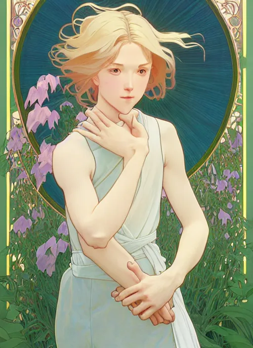 Image similar to pretty young man with shoulder length blond hair, half body shot, path traced, highly detailed, high quality, digital painting, by studio ghibli and alphonse mucha, leesha hannigan, hidari, disney, art nouveau, chiho aoshima