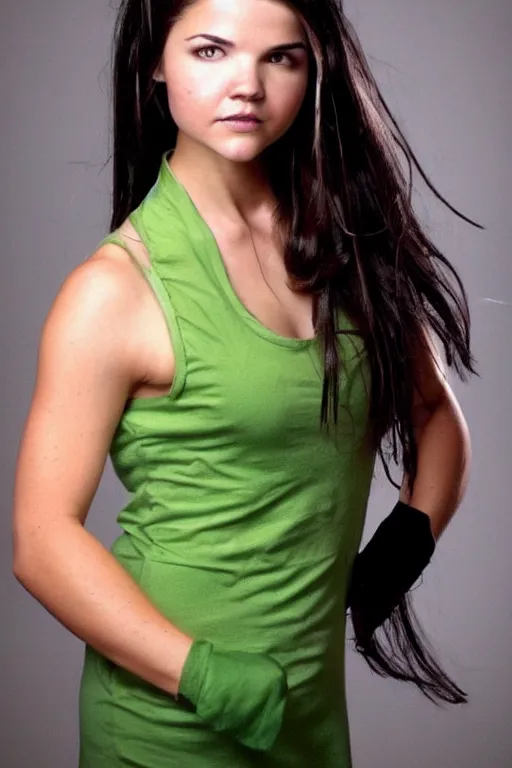 Image similar to fantasy character photo. facial expression of manic obsessive love. danielle campbell. black hair in ponytail. bright blue eyes. tall, lanky, athletic, wiry, slightly muscular. sleeveless light green dress. gleefully telling a bs story full of lies