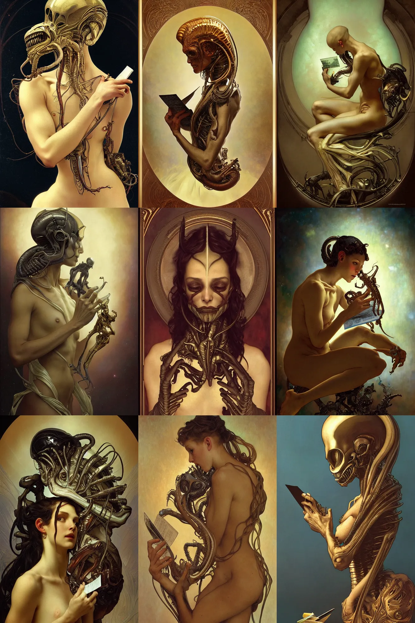 Prompt: a beautiful intricate fine art portrait photo of an alien xenomorph reading a letter, by tom bagshaw and alphonse mucha, perfection!, studio lighting, side profile view, golden ratio composition, 3 5 mm lens, deep depth of field, artstation, 8 k