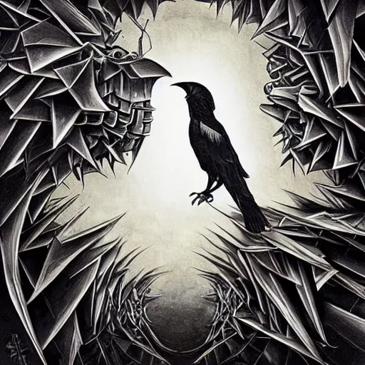 Image similar to a simple crow painting by Android Jones and M. C. Escher collaboration