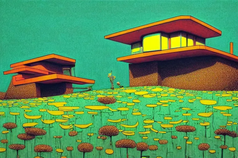 Image similar to surreal glimpse into other universe, house by frank lloyd wright, summer morning, very coherent and colorful high contrast, art by!!!! gediminas pranckevicius!!!!, geof darrow, floralpunk screen printing woodblock, dark shadows, hard lighting, stipple brush technique,