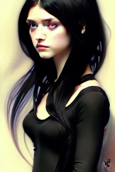 Image similar to portrait of teenage girl with long glossy black hair, blue eyes, glowing skin, fashion model features, fantasy, intricate, elegant, black dress, highly detailed, digital painting, artstation, concept art, smooth, sharp focus, illustration, art by Krenz Cushart and Artem Demura and alphonse mucha