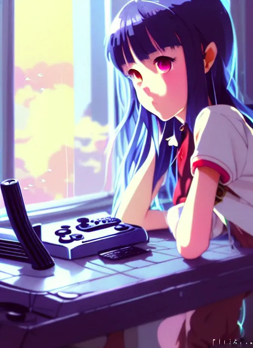 Image similar to a film still polaroid portrait of a young gamersgirl at a gaming pc, finely detailed features, perfect art, busy room, gapmoe yandere grimdark, trending on pixiv fanbox, painted by ilya kushinov makoto shinkai takashi takeuchi studio ghibli, akihiko yoshida, sachin teng, huang guangjian, artstation