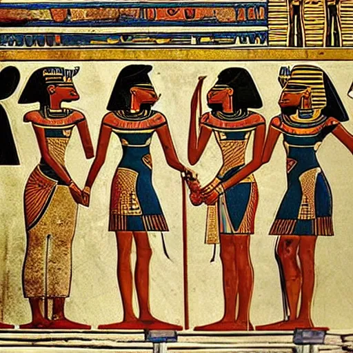 Image similar to ancient egyptian art featuring robots!