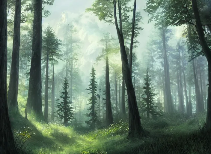 Image similar to A painting of a forest with lots of trees, a matte painting by Makoto Shinkai, Deviantart, fantasy art, matte painting, official art, Cryengine