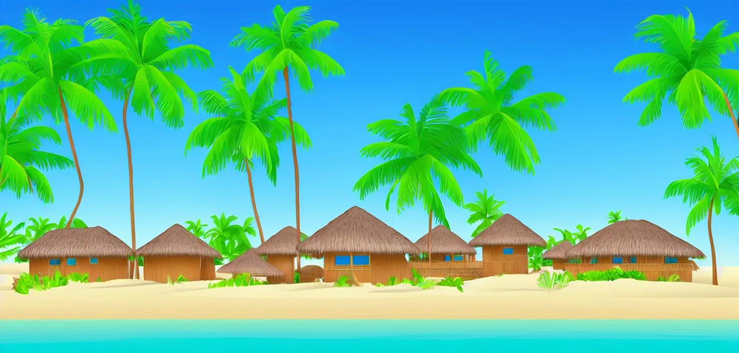 Image similar to modern bungalows on island resort beach, tropical summer landscape with houses on piles with terrace, palm trees, vector art, flat art