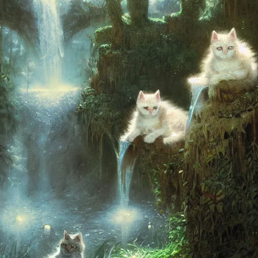 Image similar to two kittens watching the waterfall in the enchanted forest, fantasy, intricate, extremely detailed, face enhance, matte, artstation, art by greg rutkowski, louis wain, alan lee