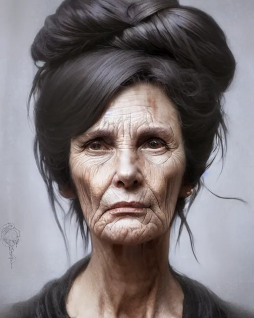 Prompt: portrait 6 0 - year - old woman, tall, severe - looking, with dark hair tied up in a bun, wearing black clothes, hyper realistic face, beautiful eyes, fantasy art, in the style of greg rutkowski, intricate, alphonse mucha, hyper detailed, smooth