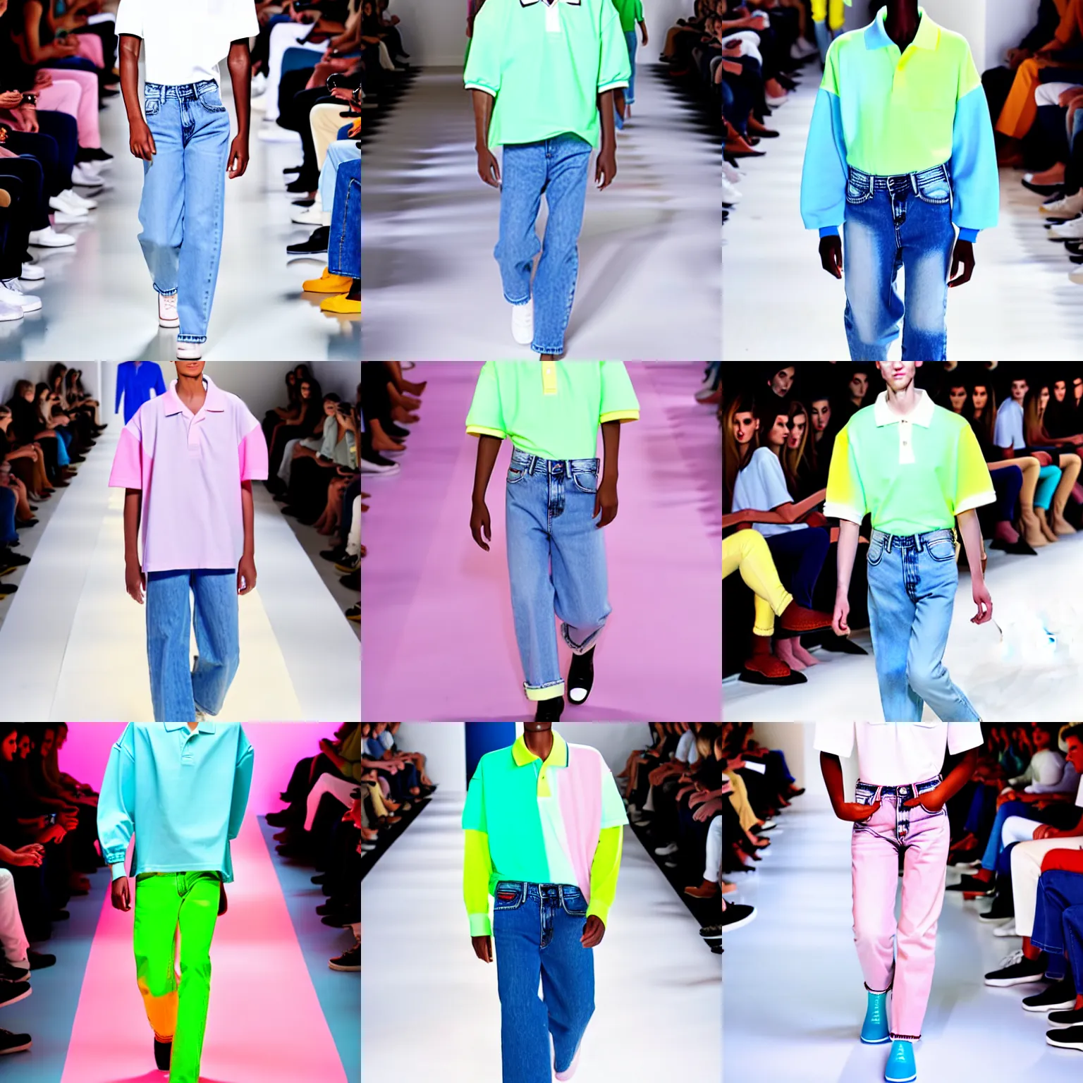 Prompt: high key lighting model wearing oversized jeans and 8 0's polo shirts with popped collars on the runway. major glow - up. pastel colors give relaxed cuts and structure. couture. high fashion. fashion week