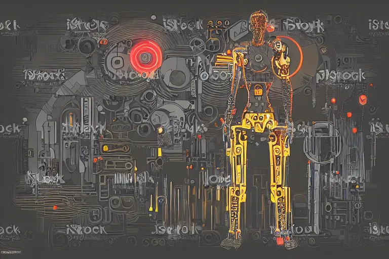 Prompt: A beautiful vector art of a futuristic cyborg made of used robot parts with a cyberpunk background | colorful | dark wave | HD
