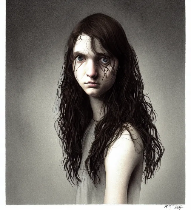 Image similar to portrait of shy american teenage fantasy witch, grzegorz rutkowski, symmetry, deep dark forest, dramatic lighting, moody, directional lighting, awkward, intelligent, contemplative, frizzy brown hair, volumetric lighting, symmetrical face, pale scottish girl, nervous, art by alasdair gray, brown hair, sad blue eyes, trending on artstation