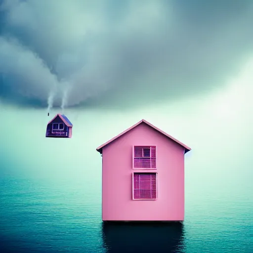 Prompt: a 5 0 mm lens photograph of a cute pink floating modern house, floating in the air between clouds, inspired by the movie up. mist, playful composition canon, nikon, award winning, photo of the year