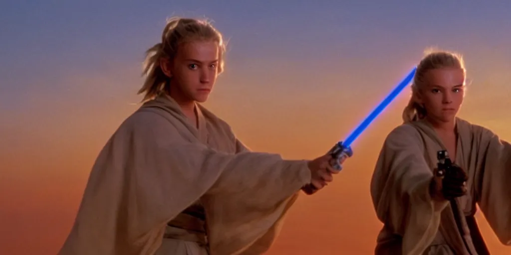 Image similar to !dream A full color still of a teenage blonde Jedi padawan holding the HILT of a lightsaber, at dusk!!!, at golden hour!!!, from The Phantom Menace, directed by Steven Spielberg, 1990