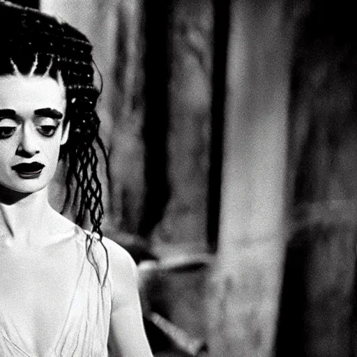 Prompt: natalia dyer as the bride of frankenstein ( 1 9 3 5 ), black and white