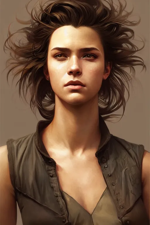 Prompt: photorealistic portrait of a young butch solarpunk woman, handsome, female, masculine, upper body, fantasy, fierce, sharp features, intricate, elegant, highly detailed, digital painting, artstation, concept art, matte, sharp focus, illustration, art by artgerm and greg rutkowski and alphonse mucha