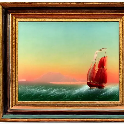 Prompt: minimalist symmetrical red clouds and green ocean in iceland fjord with tall sailboat painting by ivan aivazovsky