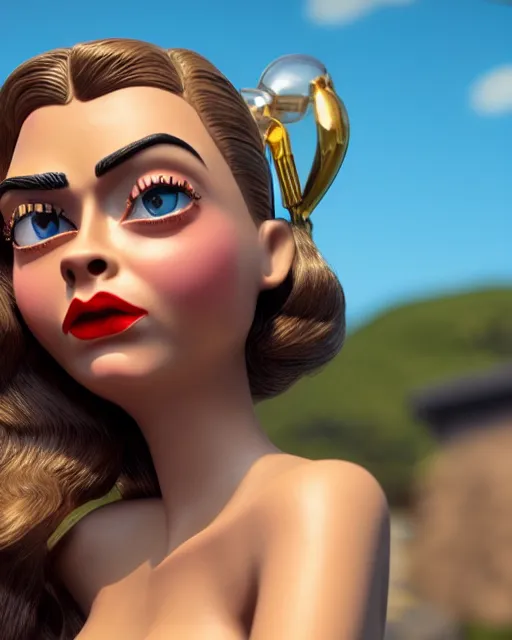 Image similar to highly detailed closeup, face profile portrait of a tin toy retro 1 9 5 0 s cara delevingne, bikini, unreal engine, max fleischer, global illumination, detailed and intricate environment