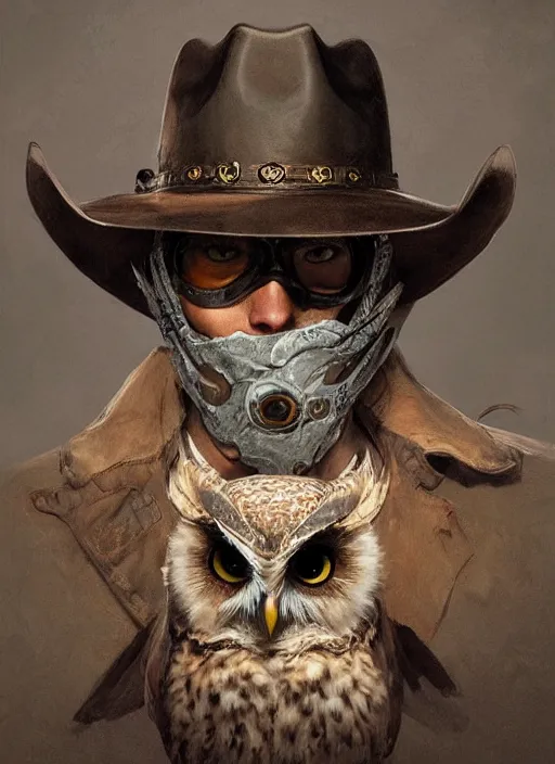 Image similar to owl in a cowboy hat and eye mask disguise, marvel comics, dark, intricate, highly detailed, smooth, artstation, digital illustration by Ruan Jia and Mandy Jurgens and Artgerm and Wayne Barlowe and Greg Rutkowski and Frank Frazetta